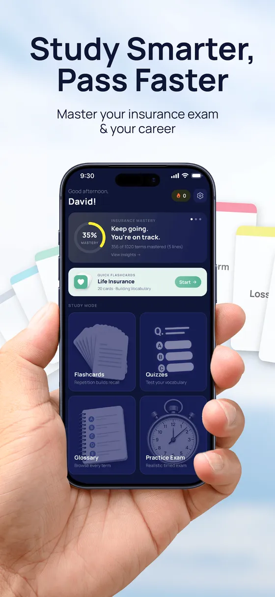 My Insurance Guide app home screen showing a 35% mastery ring, a study streak, and four study modes.