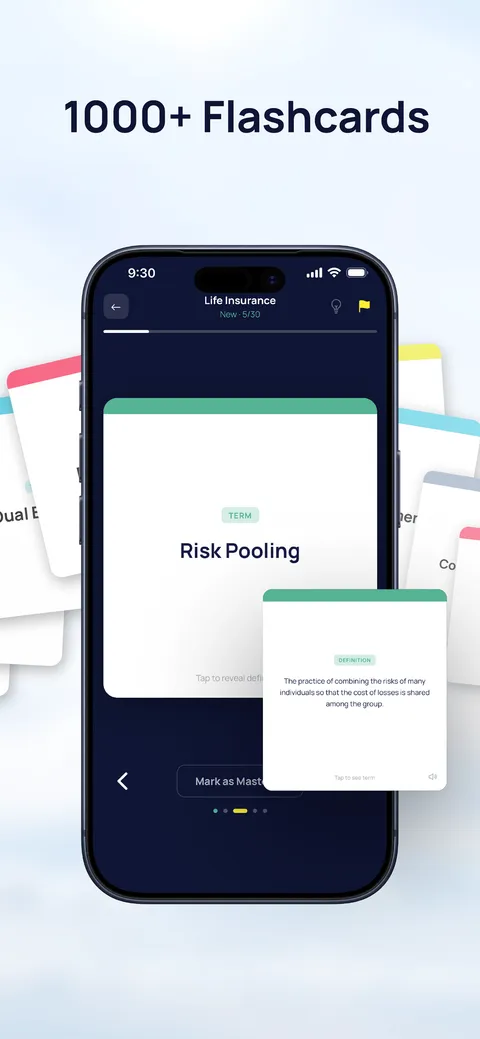 Flashcard study screen showing the term “Risk Pooling” with a tap-to-reveal definition and a Mark as Mastered button.