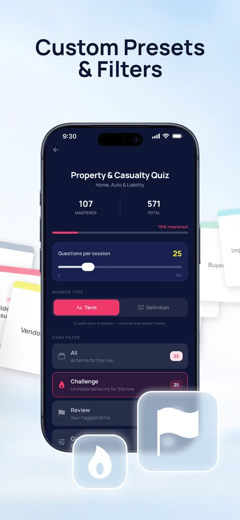 Quiz setup screen with a questions-per-session slider, a Term/Definition toggle, and All/Challenge/Review filters.