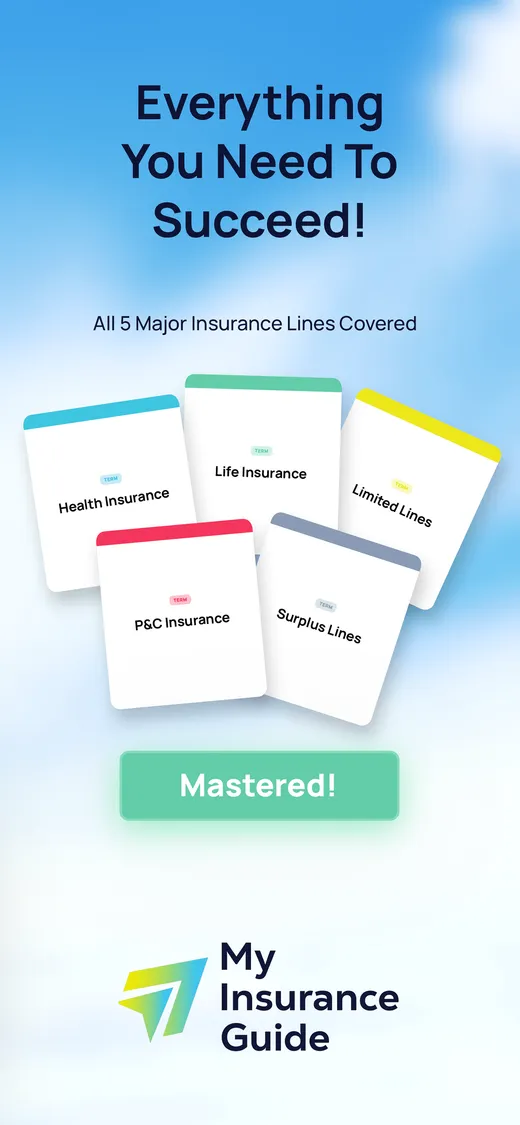 App graphic showing the five insurance lines as colored cards: Health, Life, Limited, P&C, and Surplus.